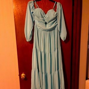 Baby blue full length dress off the shoulder sheer sleeves